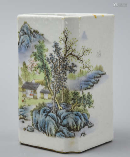 Chinese Famille Rose Brushpot w/ Landscape,ROC P