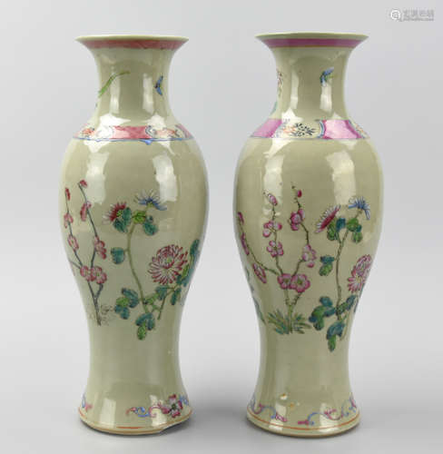 Pair of Chinese Celadon& Famille Rose Vases,19th C