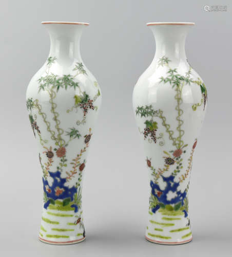 Pair of Chinese Slender Famille Rose Vases,20th C.