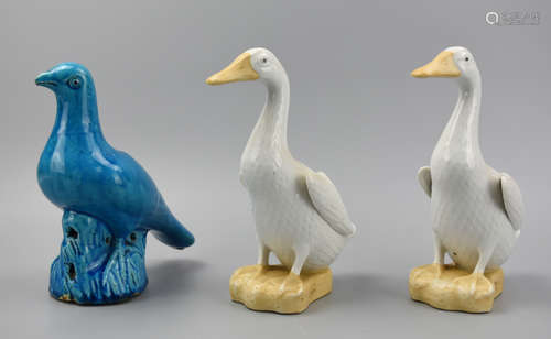 Two Chinese White Glaze Goose & Peacock Glaze Dove