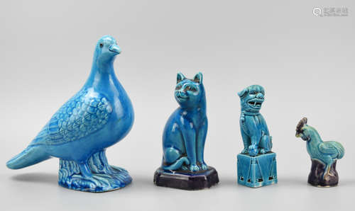 (4) Chinese Peacock Glazed Animal Figures,20th C.