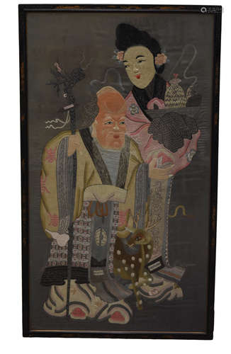 Large, Framed, Chinese Embroidery of Shou & Deity