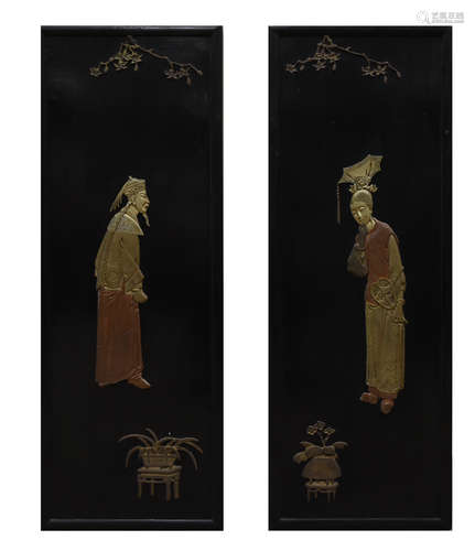 Pair of Chinese Metal & Lacquer Panels: Man& Woman