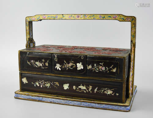 Chinese Enameled Brass & Lacquer Box w/ MOP Inlaid