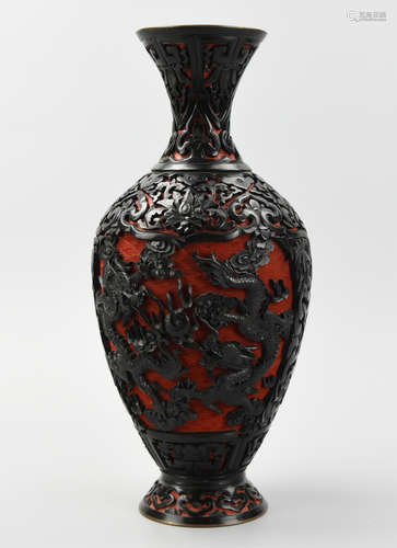 Chinese Elaborate Black & Red Carved Lacquer Vase