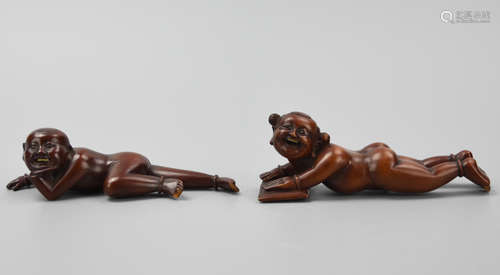 Two Chinese Wood Children Paperweight