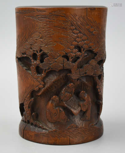 Chinese Carved Bamboo Brushpot w/ Go Play,Qing D.