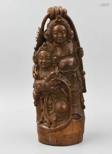 Chinese Bamboo Carving of Figures w/ Coins & Beast