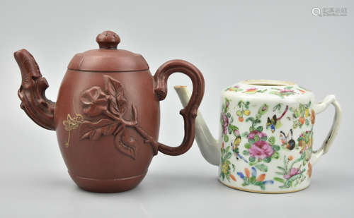 Pair of Teapots: Zisha & Canton Glaze,20th C.