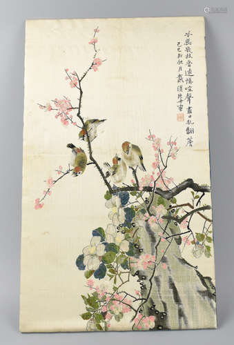 Chinese Embroidery of Sparrows on Blossom Branch