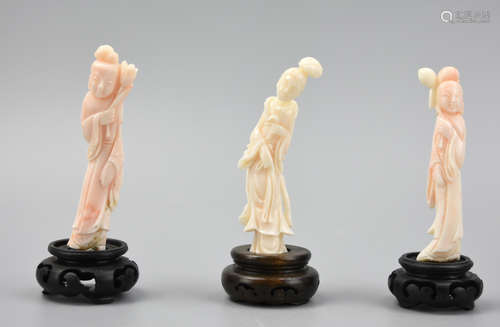 (3) Chinese Carved Coral Lady Figures ,20th C.