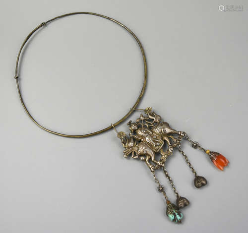 Chinese Sliver Necklace w/ Agate &Turquoise,Qing D