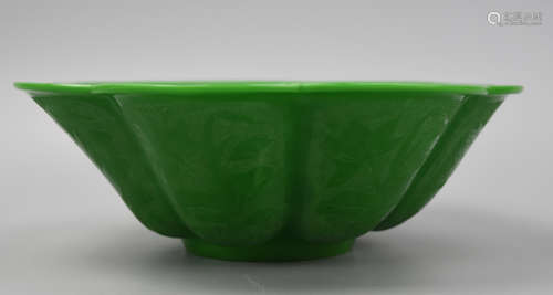 Chinese Lobed Green Glass Bowl w/ Lotus Flower