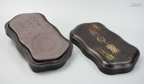 Etched Chinese Ink Stone w/ Lacquer Box & Lid