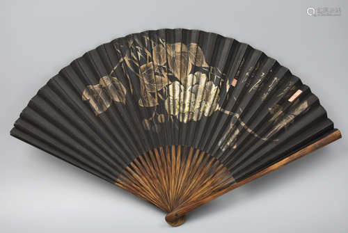 Chinese Folding Fan w/ Flower &Calligrahpy, Qing D