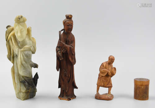 Group of Horn /Jade /Wood Figures & Jar ,19-20th C