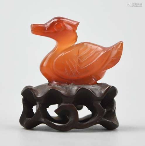 Chinese Small Carved Agate Duck w/ Stand