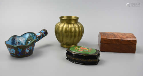 Group of Bronze Jar, 2 Wood Box, Closionne Iron