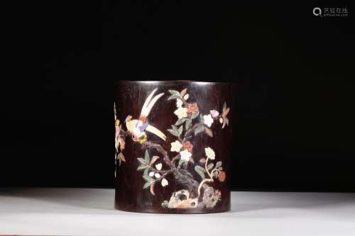 Qing dynasty zitan wood embedded baibao flower & bird pattern pen holder