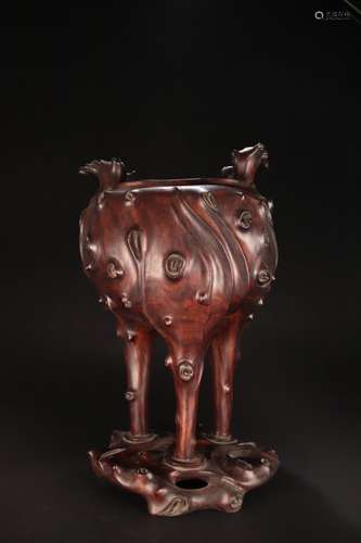 Late Qing dynasty zitan wood double ear & three legs censer