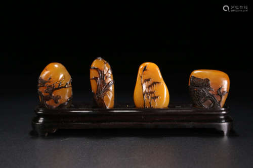 Qing dynasty chenxiang wood shoushan tianhuang stone mei lan zhu ju ornament   for 4