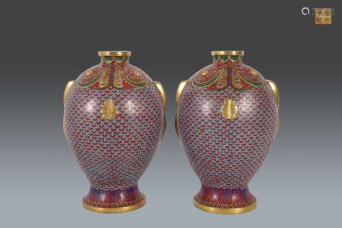 Qing dynasty copper cloisonne double fish bottle for 2