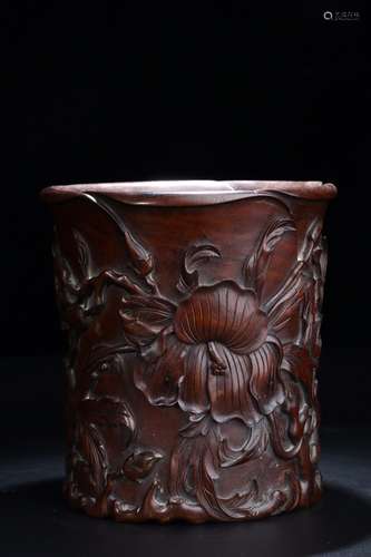 Qing dynasty zitan wood embedded lotus pen holder