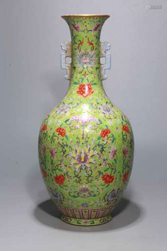 A Chinese Green Ground Famille-Rose Porcelain Vase