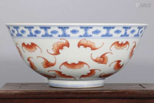 A Chinese Iron-Red G;azed Blue and White Porcelain Bow;