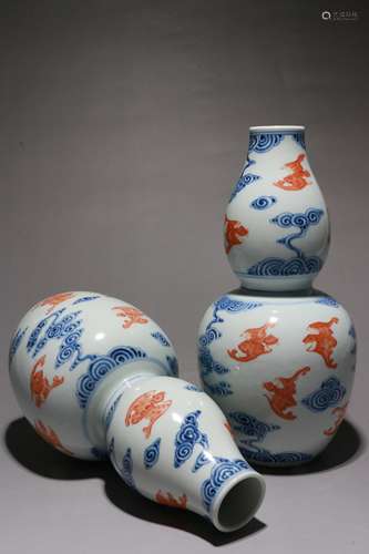 A Pair of Chinese Iron-Red Glazed Blue and White Porcelain Double Gourd Vases