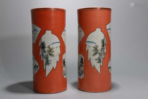 A Pair of Chinese Coral-Red Glazed Famille-Rose Porcelain Hat Stands