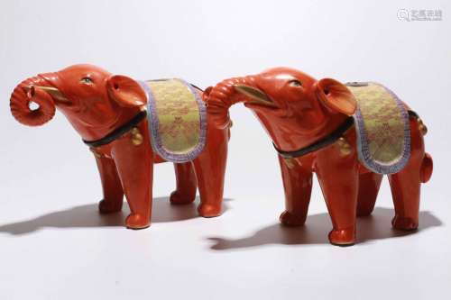 A Pair of Chinese Famille-Rose Porcelain Elephants