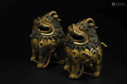 A Pair of Chinese Gilt Bronze Incense Burners