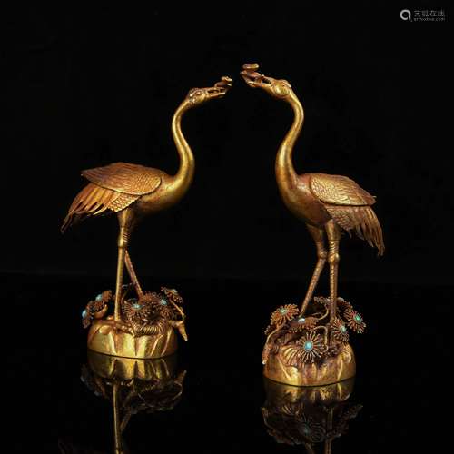 A Pair of Chinese Gilt Silver Crane Decoration