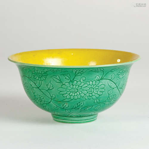 A GREEN GLAZED BOWL WITH FLOWERS