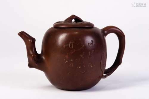 A YIXING CLAY POT TEAPOT WITH POEM AND FLOWERS
