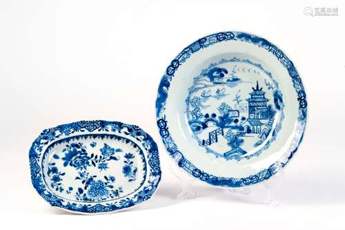 A GROUP OF BLUE AND WHITE DISH WITH LANDSCAPES