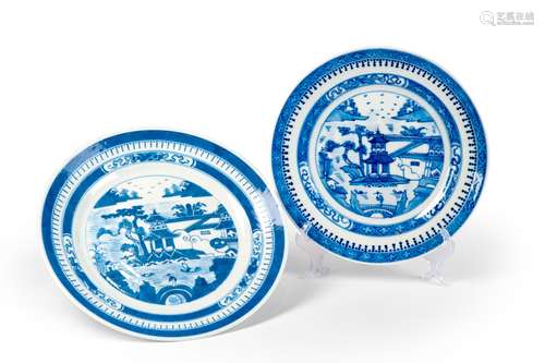 A GROUP OF BLUE AND WHITE DISH WITH LANDSCAPES