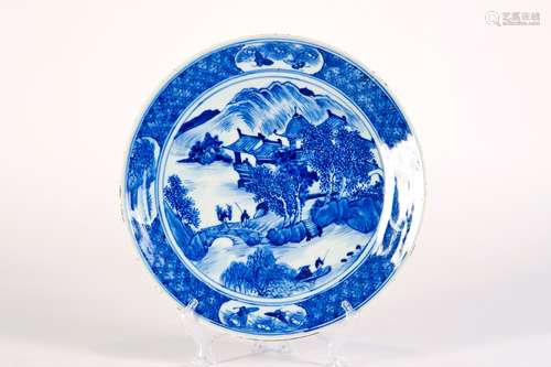 A BLUE AND WHITE DISH WITH LANDSCAPES