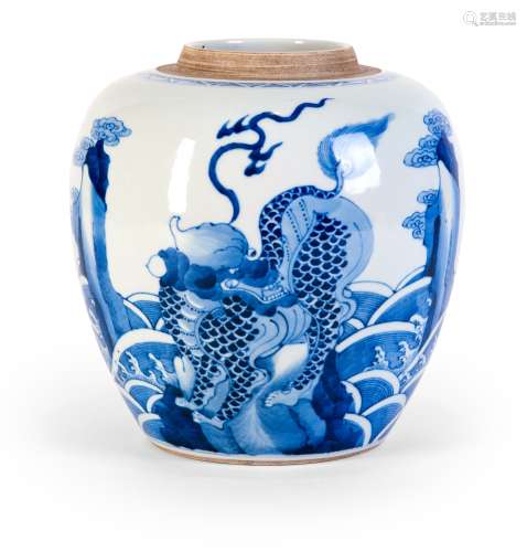 A BLUE AND WHITE JAR WITH QILIN