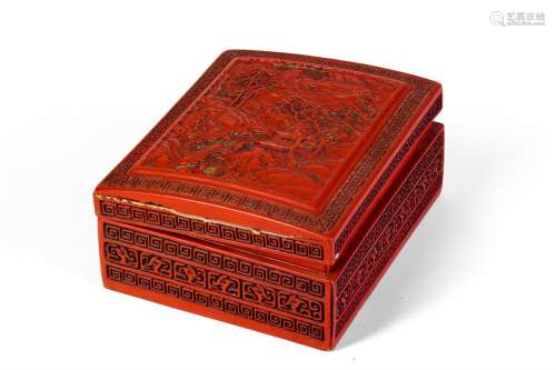 A RED CARVED LACQUER BOX WITH LANDSCAPES