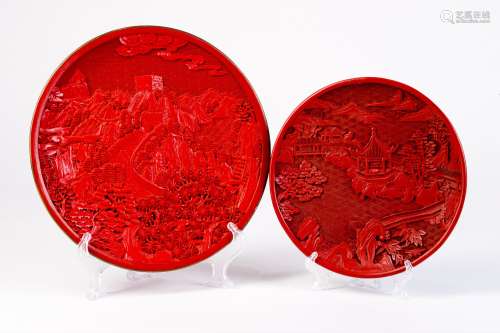 A GROUP OF RED CARVED LACQUER DISH WITH LANDSCAPES