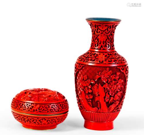 A GROUP OF RED CARVED LACQUER VASE AND BOX WITH DRAGON