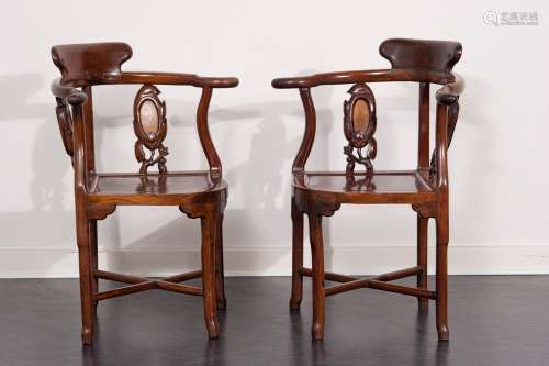 A PAIR OF HARD WOOD ARMCHAIRS