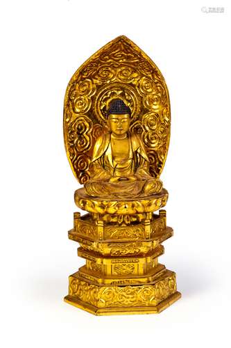 A JAPANESE CARVED WOOD PAINT GOLD FIGURE OF GAUTAMA BUDDHA