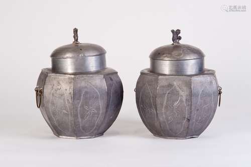 A PAIR OF TIN TEA JARS