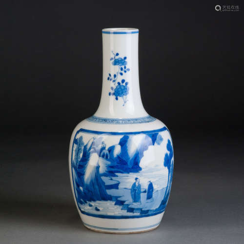 A BLUE AND WHITE VASE WITH LANDSCAPES