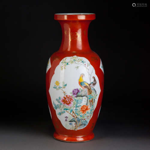 A FAMILLE ROSE VASE WITH BIRDS AND FLOWERS