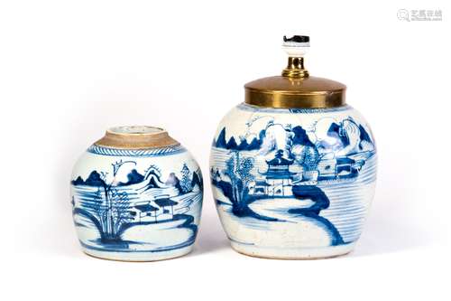 A GROUP OF BLUE AND WHITE JARS WITH LANDSCAPES