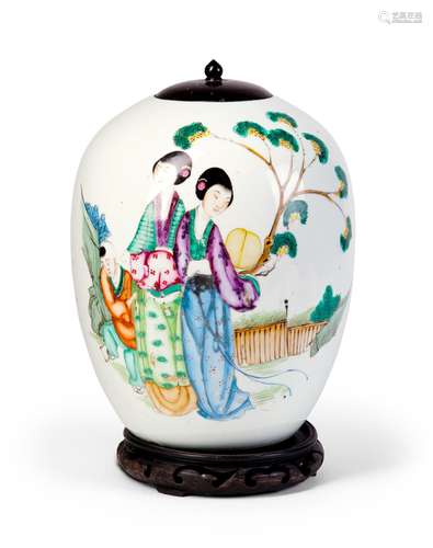 A FAMILLE ROSE JAR WITH POEM AND LADIES